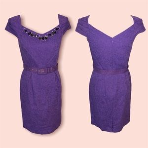 Purple Brocade Wiggle Dress with Rhinestone Neckline and Belt